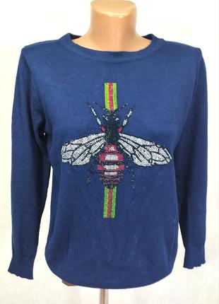 Кофта gucci синий пчела стразы свитер длинный рукав1 фото