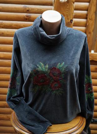 Кофта вільного крою, светр з вишивкою ручної роботи великого розміру