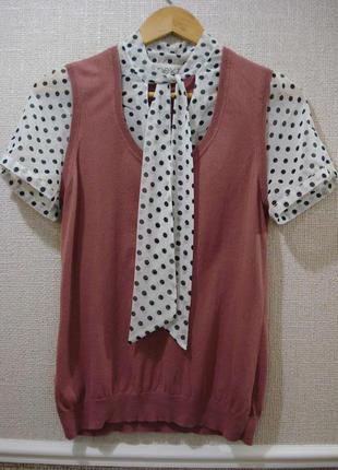 Нарядная блузка с коротким рукавом блузка с бантом жилетка и блузка-обманка в горошек