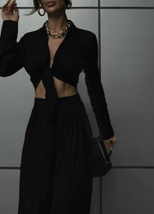 Женский черный костюм рубашка + штаны оверсайз легкий вискоза штапель тренд 2023