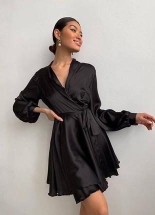 Женский шелковый черный костюм рубашка + летняя юбка тренд 2023 элегантная