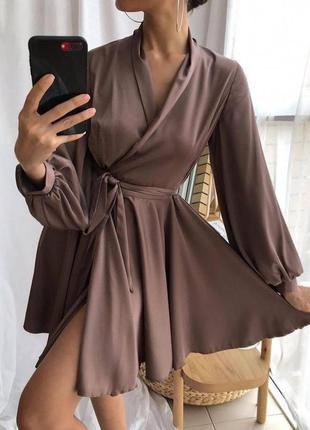 Женский шелковый коричневый шоколад костюм рубашка + летняя юбка тренд 2023 элегантная2 фото