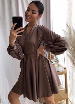 Женский шелковый коричневый шоколад костюм рубашка + летняя юбка тренд 2023 элегантная3 фото