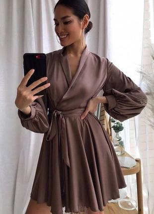 Женский шелковый коричневый шоколад костюм рубашка + летняя юбка тренд 2023 элегантная1 фото