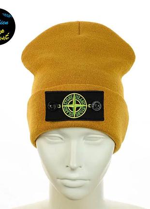 ● молодежная шапка бини с патчем - стон айленд / stone island - горчичный ●