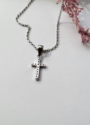 Срібний прямий хрест хрестик із білими каменями срібло 925 покрито родієм 0.49г 771555 фото