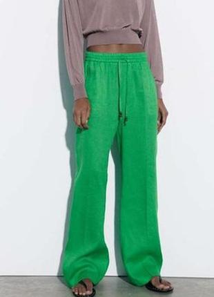 100% льон штани zara зеленого кольору1 фото