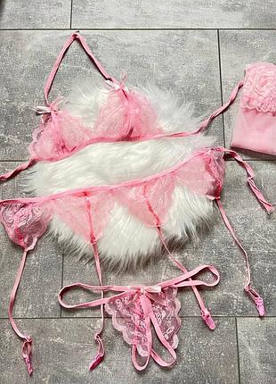 Сексуальное нижнее белье: трусики лиф пояс чулки в подарок розовый