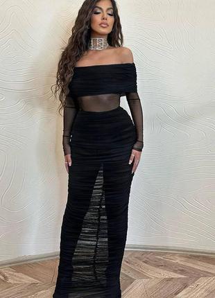 Платье длинная сетка черная вечерняя футляр