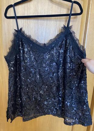 Чёрная эффектная майка блуза в пайетки с кружевом 54 р6 фото
