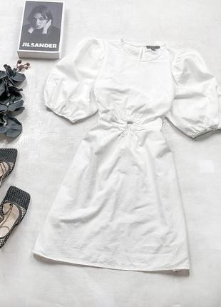 Стильное белоснежное льняное платье primark с трендовыми пышными рукавами-буфами и вырезом на животе2 фото