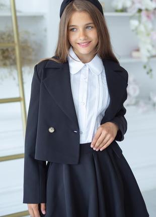 Шкільна форма для дівчинки, костюм-двійка дитячий підлітковий двобортний піджак спідниця сонце чорна7 фото