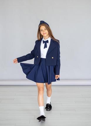 Школьная форма для девочки, костюм двойка детский подростковый двубортный пиджак юбка солнце синяя