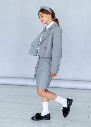Школьная форма для девочки, костюм двойка детский подростковый двубортный пиджак юбка гусиная лапка4 фото