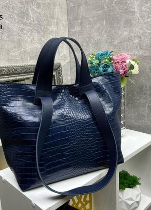 Сумка шоппер екошкіра міска велика формату а4 синього кольору сумка кроко синій
