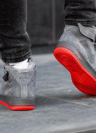 Зимние серые замшевые кроссовки nike air force hi grey red, найк мужские высокие хайтопы3 фото