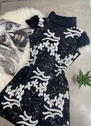Платье праздничное блестящее в пайетках короткое чёрное белое размер m2 фото