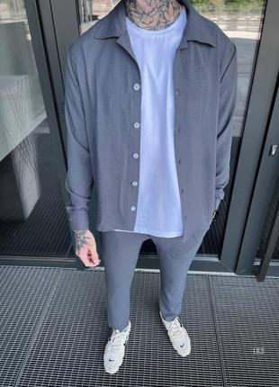 Льняний комплект чоловічий темно сірий штани + сорочка3 фото