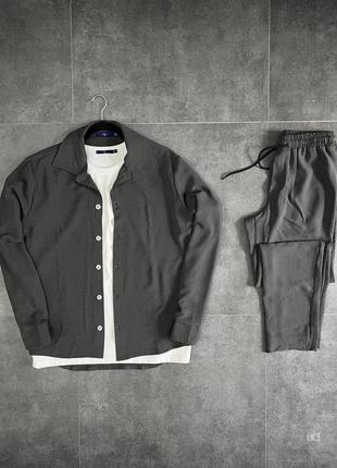 Льняний комплект чоловічий темно сірий штани + сорочка4 фото