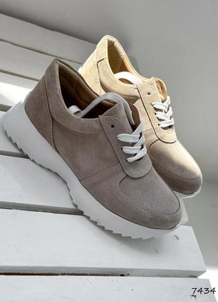 Стильные бежевые кроссовки женские весенние-осенние, на высокой подошве, замшевые/замша-женская обувь