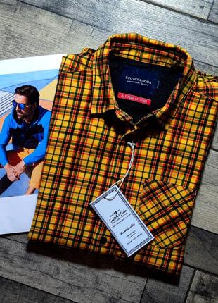 Мужская хлопковая элегантная баеаая рубашка scotch &soda в горчичном цвете размер s
