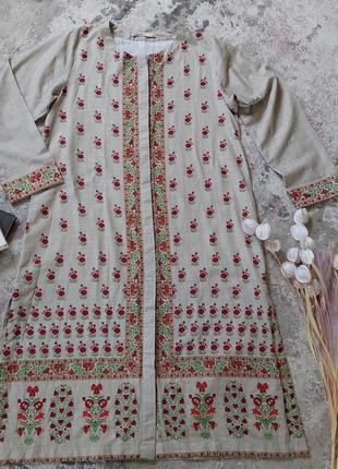 Бежевое платье миди 🔹прямого кроя 🔹бохо, кантри, этно🔹длинный рукав khaadi(38 размер)7 фото