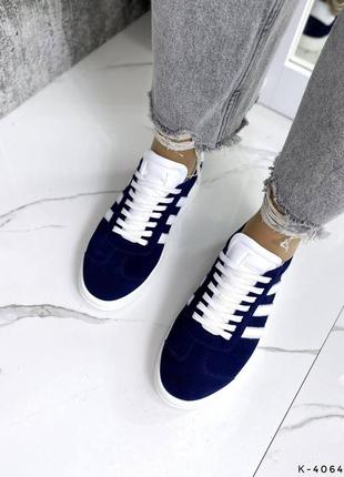 Натуральные замшевые синие кеды - кроссовки на белой подошве5 фото