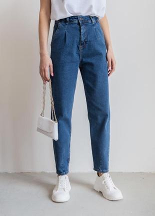 Синие женские джинсы слоучи с высокой талией (стрейчевые)8 фото