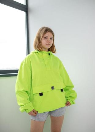 Женская куртка ветровка анорак оверсайз неонового цвета со светоотражающими элементами для девочек