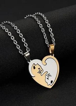 Парные кулоны кошки love золотые на звеньевой цепочке