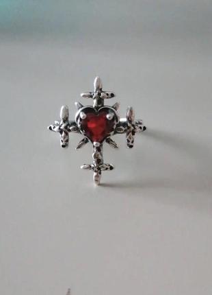 Кольцо с крестом и красным камнем унисекс готика гранж