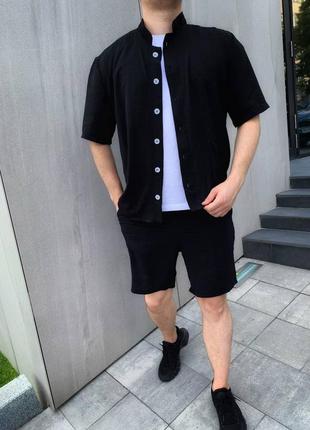 Костюм мужской летний легкий льняной жатка шорты + рубашка черный