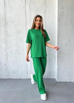 Стильний жіночий прогулянковий костюм рубчик трикотаж (штани та футболка) зелений 42-44, 46-48