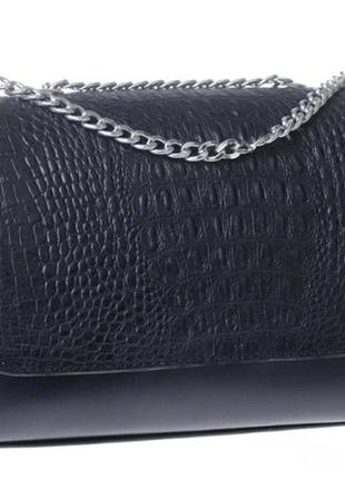 Сумка assa 1273-8193 шкіряна жіноча чорна з клапаном зі шкіри під крокодила