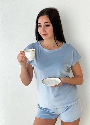 Пижама женская, велюровая, шорты+футболка