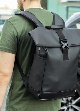 Міський чоловічий рюкзак rolltop рол топ чорний з екошкіри з відділенням під ноутбук місткий великий