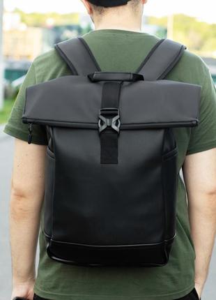 Городской мужской рюкзак rolltop ролл топ черный из экокожи с отделением под ноутбук вместительный большой3 фото