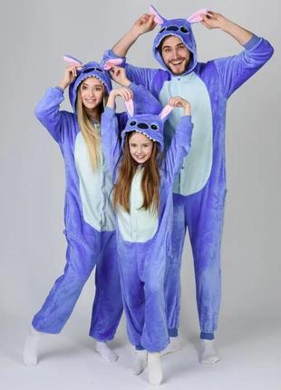 Кигуруми стич синий, махровая пижама для девочек и мальчиков от 105 до 190 см