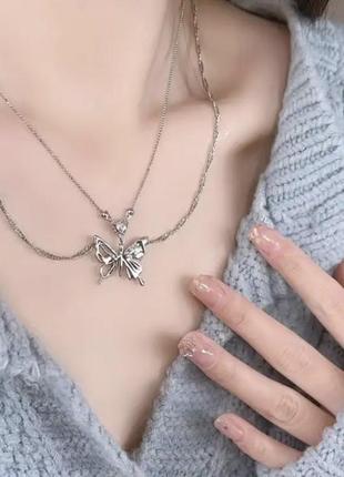 Двойная цепочка с бабочкой / нежная цепочка бабочка / двойное колье бабочка