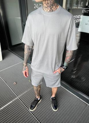 Костюм мужской футболка + шорты летний серый рубчик легкий оверсайз oversize