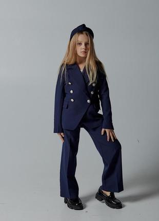 Школьная форма для девочки, костюм детский подростковый брючный двубортный пиджак брюки темно синий2 фото
