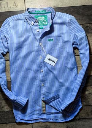 Мужская элегантная приталиная хлопоковая  винтажная  рубашка superdry casual  в полоску размер l2 фото