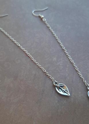 Длинные серьги листики лаконич дизайн этно бохо  ручн работ hand тренд цепочк сереб boho