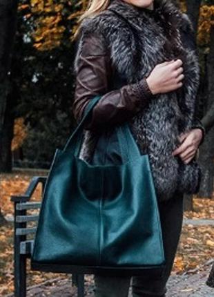 Фантастическая сумка шоппер из натуральной мягкой кожи зеленый7 фото