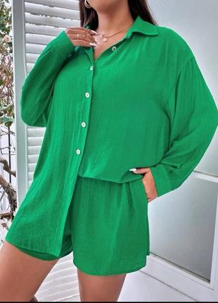 🎨3 цвета! шикарный женский костюм жатка зеленый креп жаская рубашка шорты шорты рубашка2 фото