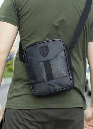 Чоловіча спортивна сумка барсетка через плече puma formula чорна з екошкіри10 фото