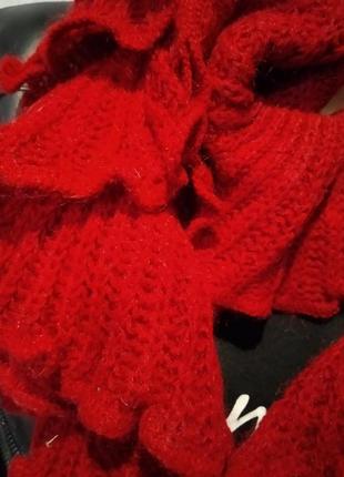 Шерстяной теплый оригинальный красный шарф воланы8 фото
