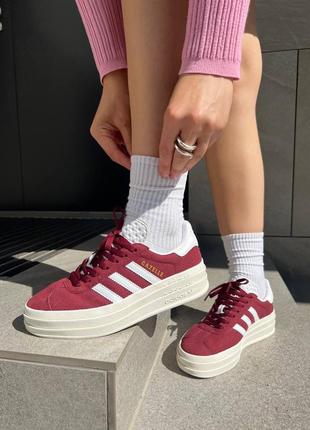 Шикарные женские кроссовки на платформе adidas gazelle bold burgundy вишнёвые