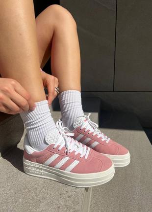 Красивейшие женские кроссовки на платформе adidas gazelle bold pink пудровые розовые6 фото