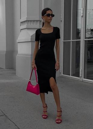 Сукня міді довга по фігурі плаття з розрізом в рубчик трикотажна чорна стильна базова6 фото